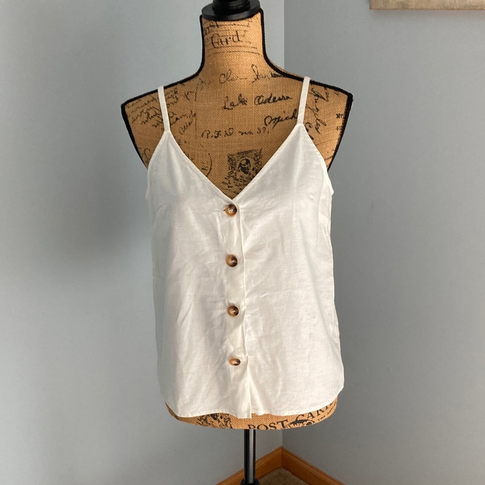 Top Shop White Linen Button-Down V Neck Women's Camisole Top Size 8